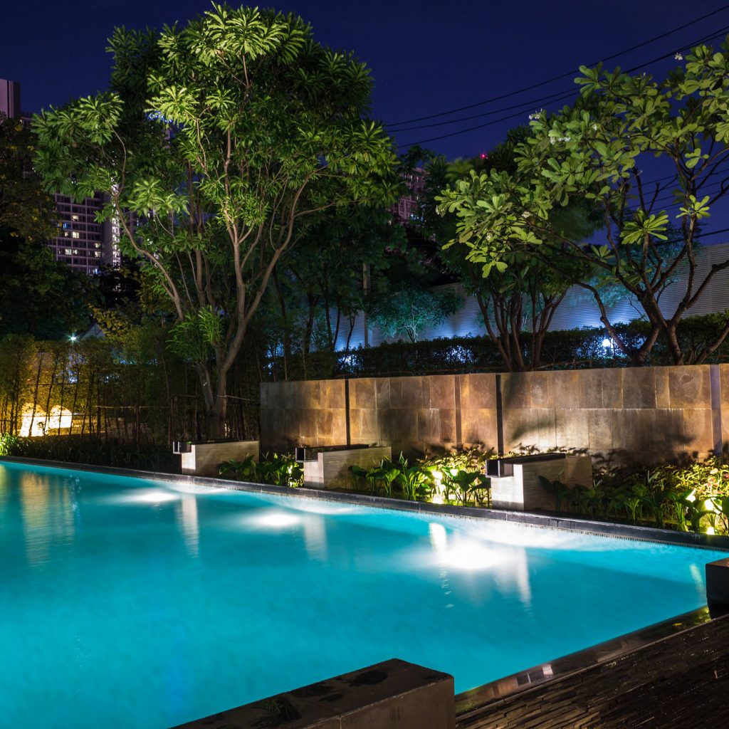 Lighting business for luxury backyard swimming pool.  Relaxed li
